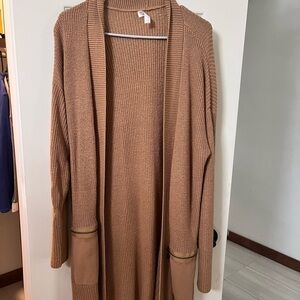 Tan Long Open Front Cardigan Sweater